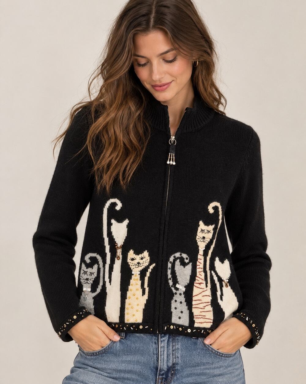 NWT Designers Original Cat Cardigan Sweater S Beaded Whimsigoth Y2K Novelty Knit